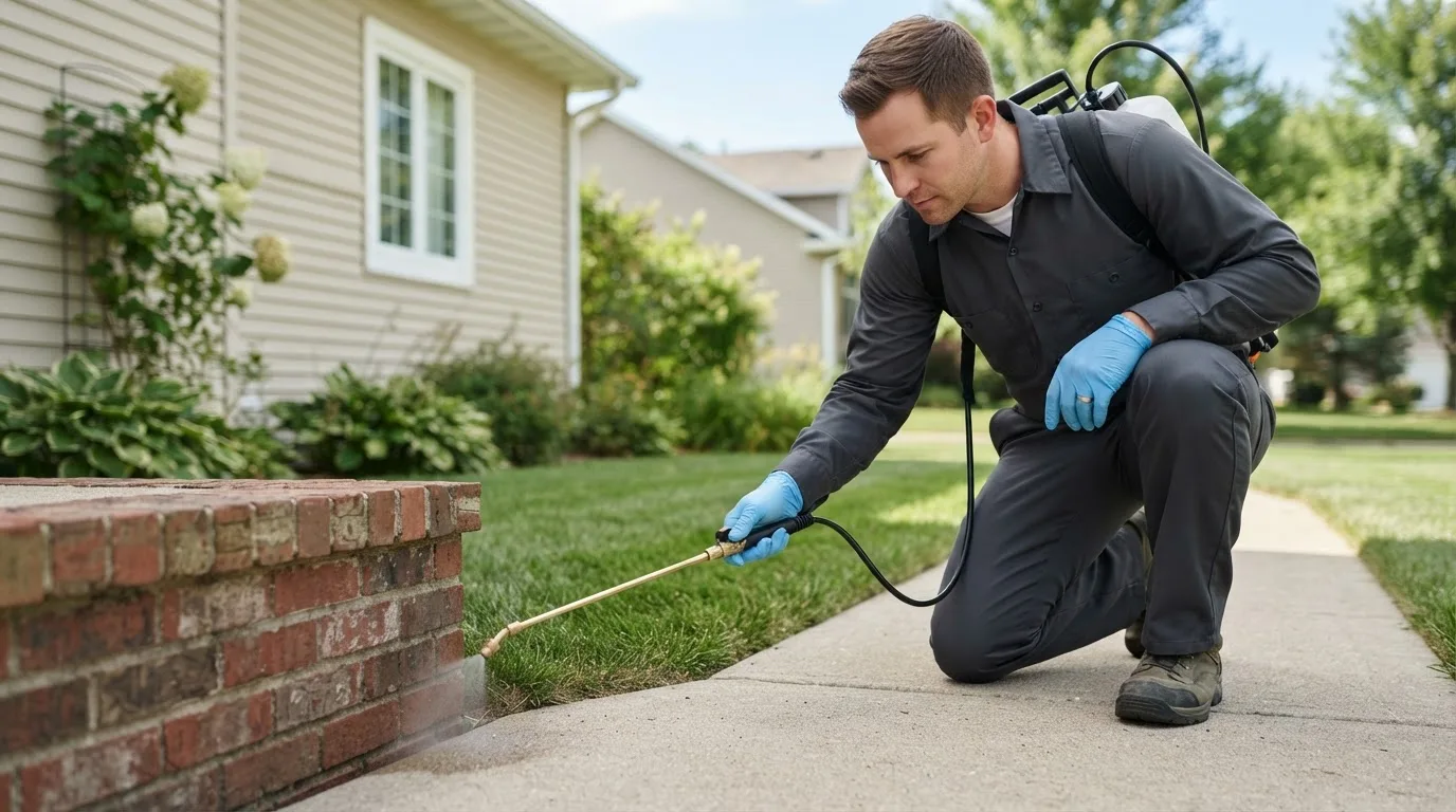 Pest control technician treating a home near Decatur, IN